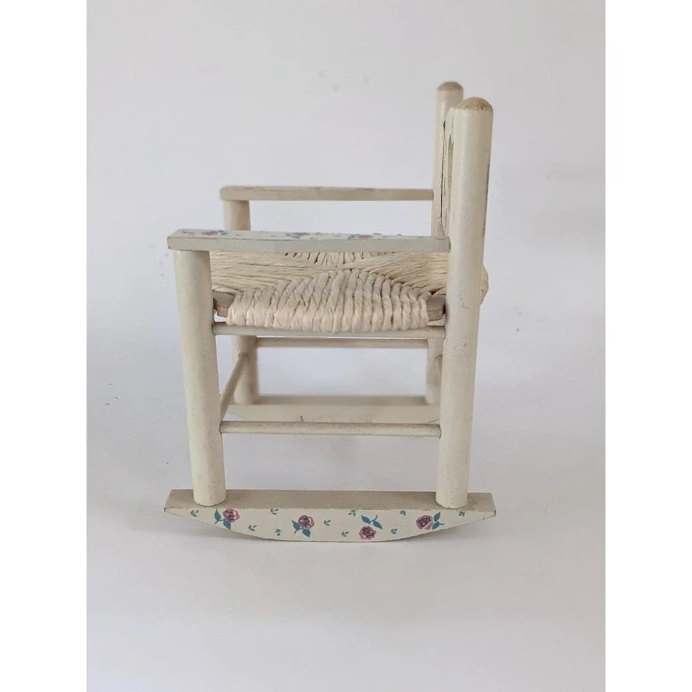 Vintage Miniature Wooden Rocking Chair Heart Cutout Rose Floral Woven Seat 8